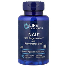 Blue supplement bottle with dark cap, Life Extension NAD+ and Resveratrol Elite label