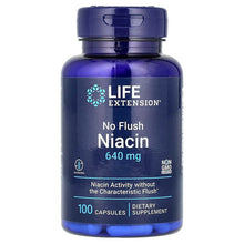Life Extension No Flush Niacin 640 mg dietary supplement bottle, 100 capsules