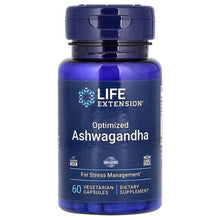 Optimized ashwagandha supplement bottle, blue front label