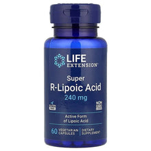 Blue supplement bottle labeled Super R-Lipoic Acid 240 mg, 60 vegetarian capsules.
