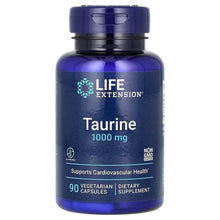 Taurine 1000 mg dietary supplement bottle, dark blue with black cap