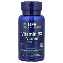 Vitamin B3 Niacin 500 mg supplement bottle with blue cap, 100 capsules
