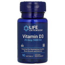 Vitamin D3 softgels bottle, dark blue with cap; label shows 25 mcg and 90 softgels.