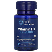 Vitamin D3 softgel bottle, dark blue with Life Extension logo and 25 mcg (1000 IU)