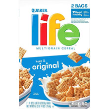 Quaker Life multigrain cereal front of box with Heart Healthy badge and 2 bags