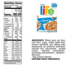 Nutrition Facts panel and ingredient list on Quaker Life multigrain cereal packaging