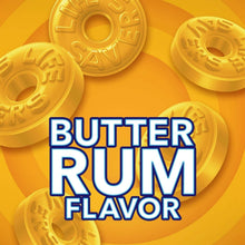 Yellow embossed hard candy discs with ring centers and butter flavor label