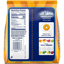 Back of hard candy bag with nutrition facts and flavor icon graphics