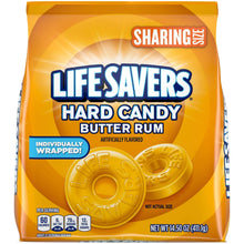 Front of hard candy sharing bag showing yellow butter-rum discs and net weight