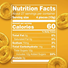 Nutrition facts panel for hard candy with yellow embossed discs around it
