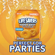 Sharing size hard candy bag with yellow butter-rum discs, individually wrapped