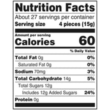 Nutrition facts for hard candy: 60 calories, 12g sugars per 4 pieces (15g)