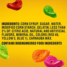 Gummy candy bag ingredient panel listing corn syrup, sugar, gelatin, and citric acid