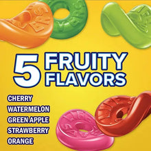 Five fruity flavor gummy assortment with green apple, cherry, strawberry, orange, watermelon