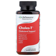 Supplement bottle with black cap and red Cholesterol Support label, front view