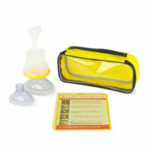 Yellow zip travel case with suction device, masks, and instruction sheet.