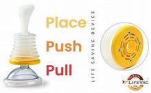 Suction device with transparent mouthpiece and yellow valve, with pull-push graphic.