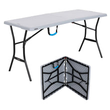 Gray folding rectangle table with black legs; folded storage panel shown beneath tabletop.