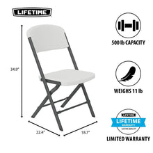 White folding chair with curved backrest and seat, black steel support frame