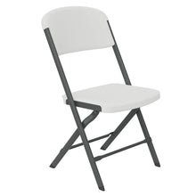 White folding chair with contoured seat and back, steel legs and cross-brace frame