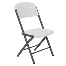 White folding chair with curved backrest and white padded seat, black steel frame