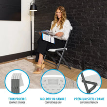 White folding chair with black steel frame, contoured seat and curved backrest
