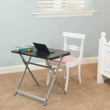 Black folding personal table with dark top and gray steel legs