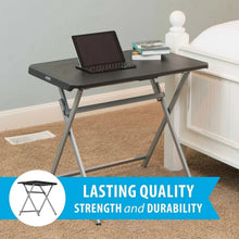 Black foldable personal table with dark tabletop and gray A-frame support legs