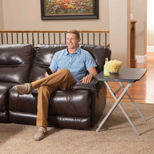 Black folding personal table with dark top and gray X-leg frame