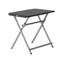 Black folding personal table with dark top and gray cross-brace steel legs