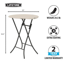 Round bistro table with light gray top and black folding legs, front view