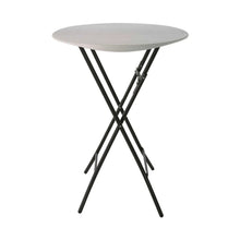 Round bistro table with light gray top and black X-frame folding legs