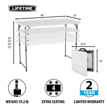 Adjustable folding table with white top, gray frame, and included white storage case