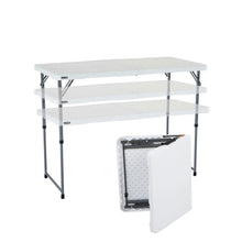 Fold-in-half adjustable 4 ft commercial table with white top and gray legs