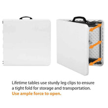 Fold-in-half table storage case with carry handle, folded and open view