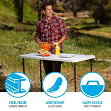 White folding table with steel frame, black legs, and carry handle