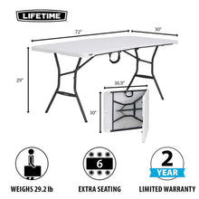 Folding table with dimensions shown on white tabletop and black frame