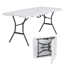 White folding table with black legs, 6-foot fold-in-half design