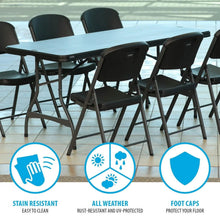 Folding stacking table with blue-gray top and metal frame with floor-protecting caps