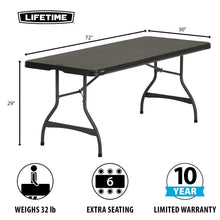 Folding stacking table with dark tabletop and four arched support legs