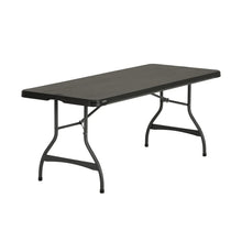 Black folding table with rectangular top and arched folding legs