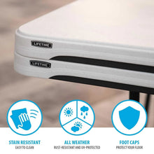 White folding table with locking hinge and foot caps on the tabletop edge