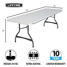 Folding banquet table with light gray tabletop and black folding legs