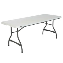 Folding banquet table with white tabletop and black steel legs
