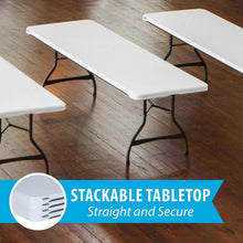 Stackable folding table with white tabletop and black metal X-legs