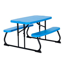 Blue kids picnic table with two attached bench seats and black folding frame.