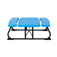 Top view of blue kids picnic table with two bench seats and black folding frame.