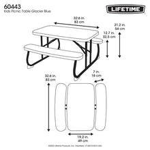 Kids picnic table in glacier blue with two benches; dimension diagram