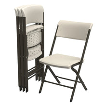 Almond folding chair with padded seat and perforated back panel, metal frame