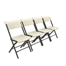 Folding commercial chairs with cream seats and black folding frames